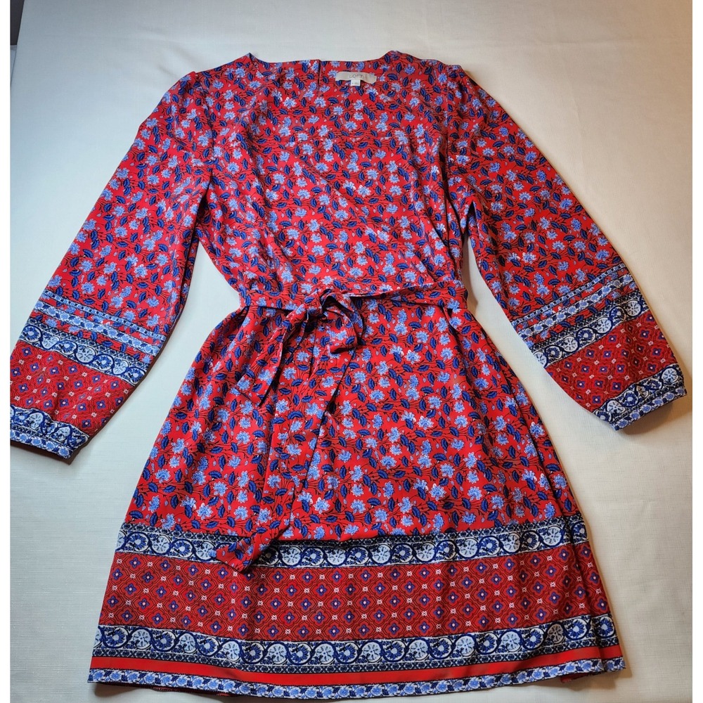 Loft Red Blue Floral Geometric Americana 4th of July Boho Long Sleeve Dress XL